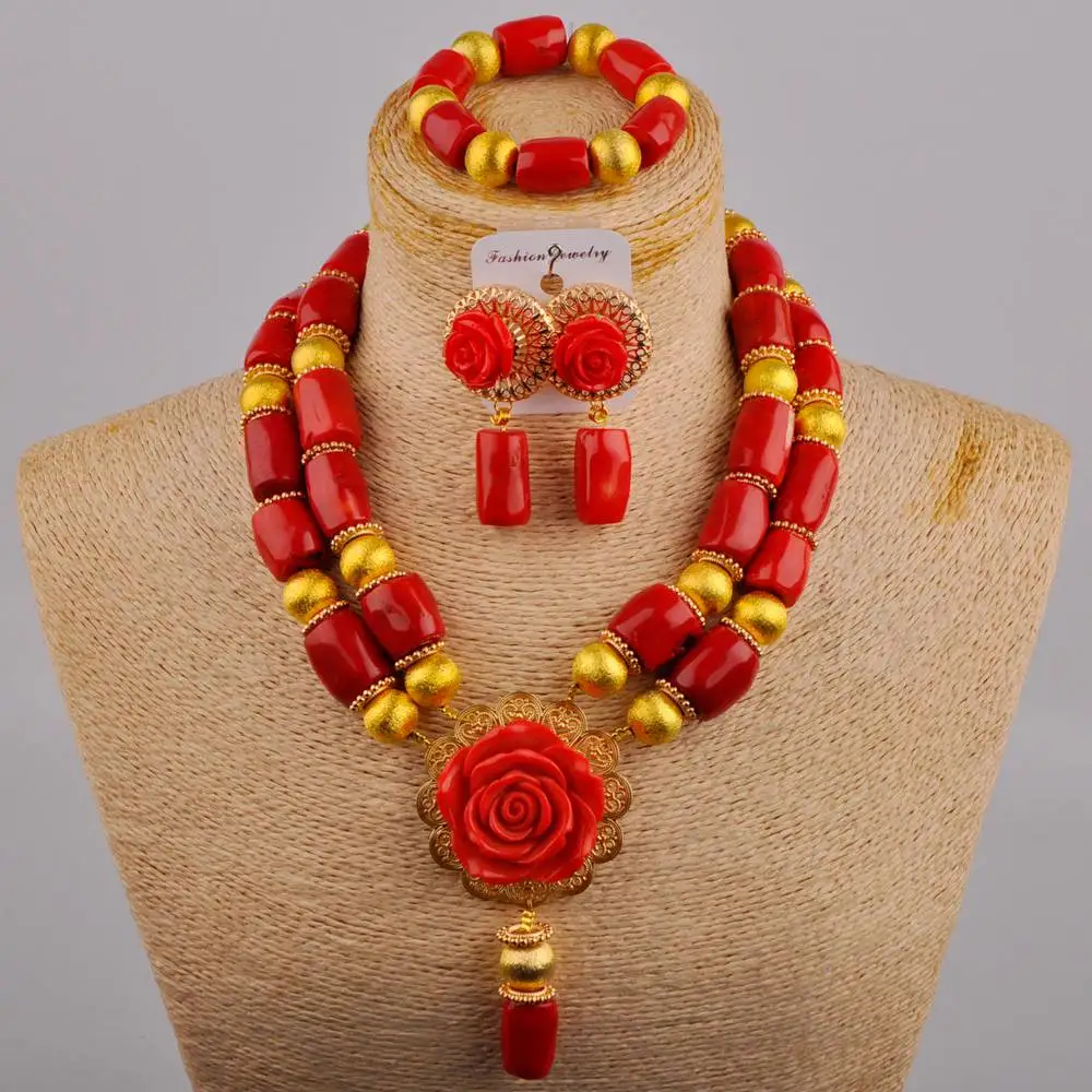 

Beautiful Nigerian Wedding Jewelry African Women's Banquet Dress Accessories Red Natural Coral Necklace Jewelry Set AU-681