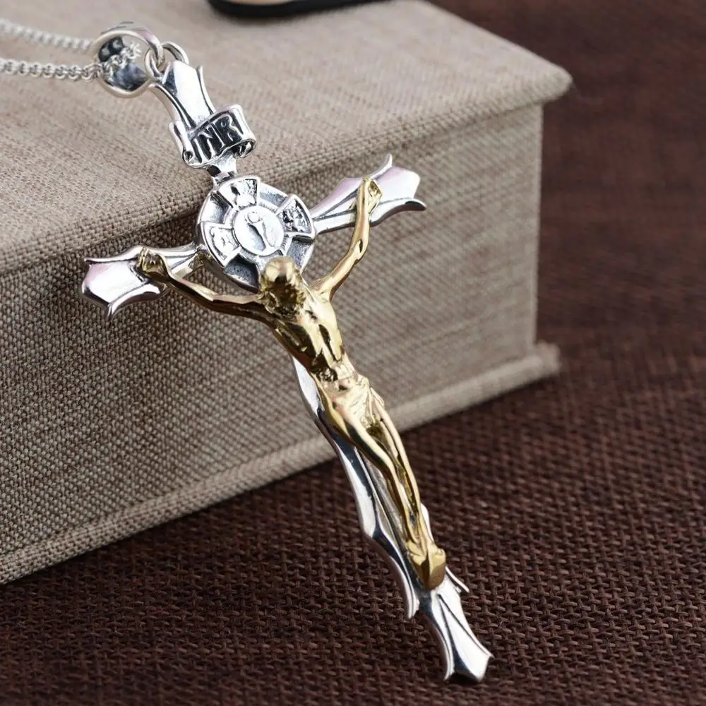 Real S925 pure Silver Man Pendant Vintage Thai Silver, Jesus Cross Fashion Silver Necklace Pendant for Man