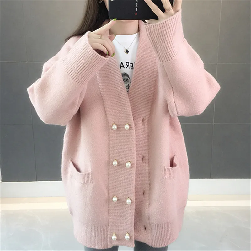 

Autumn Korean Fashion Knitted Sweater Women Cardigan 4 Color Loose Jumper Big Pocket V-Neck Long Sleeve Knit Jacket Coat Female