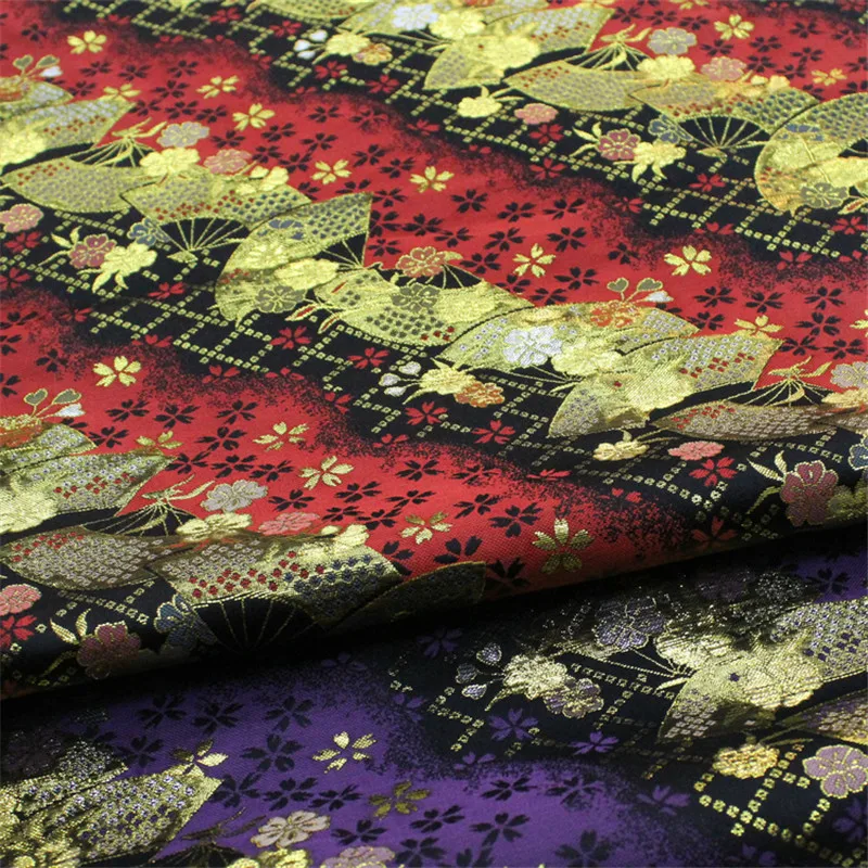 Silky Jacquard Fabric for Kimono, Japanese Style Clothing, DIY Sewing Fabric, Purple, Red, Black, Golden, Metallic Brocade, CF70