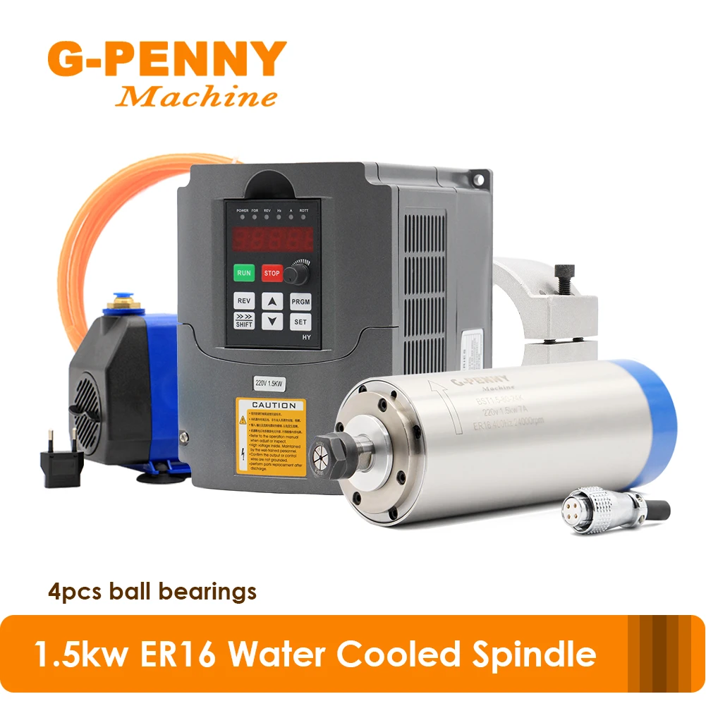 

G-PENNY 1.5KW Water Cooled Spindle Motor ER16 4 Bearings 80x 220mm & 1.5kw VFD / Inverter & 80mm Bracket & 75W Water Pump