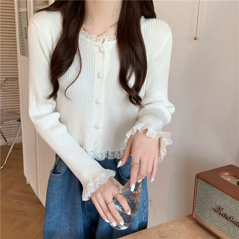 Solid Lovely Women Casual Fashion Sweater Buttons Up Rib Knitted O Neck Ropa Mujer Long Sleeve Basic Cardigan Harajuku Lace Top