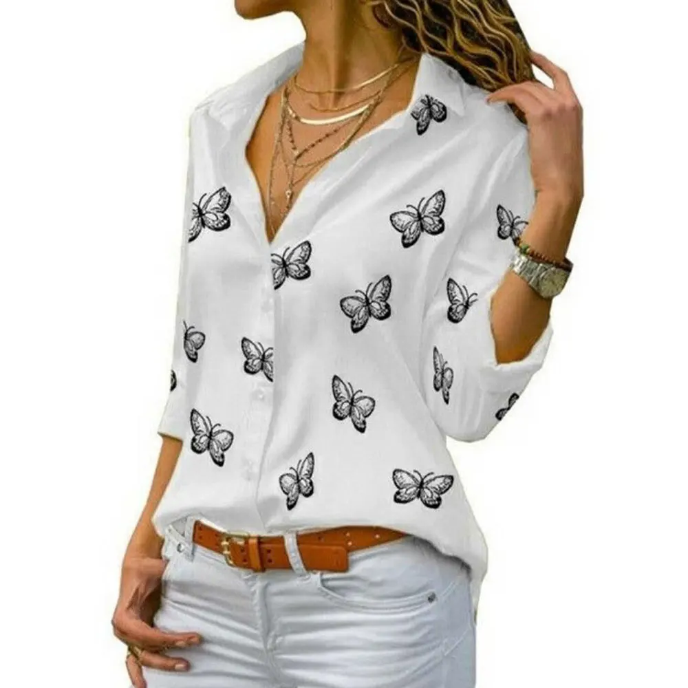 Gentillove Women Long Sleeve Blouse Oversized Spring Autumn Turn Down Collar Loose Office Lady Casual Butterfly Printing Basic