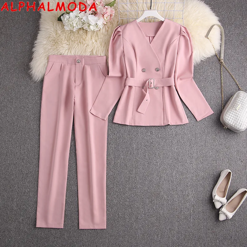 ALPHALMODA New Fashion Blazer Suits Puff Sleeve Double Breasted Belted Trendy Blazer + Pencil Pants Women Stylish Suits