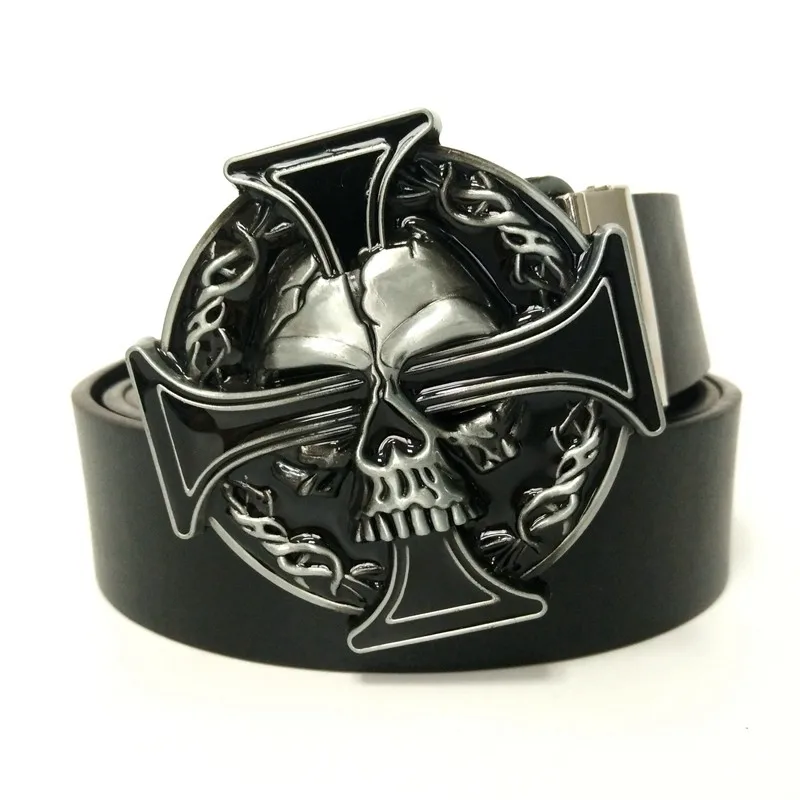 

Casual Black Men's Hip Waist Belts with Punk Rock Skull Cross Metal Buckle Western Cowboy Accessories Fashion Cool Male Boy Gift