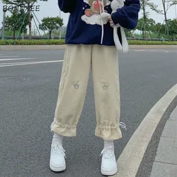 Casual Pants Women Wide Leg Embroidery Cartoon Ankle-length Loose Female Trousers Cute Autumn Korean Style All-match Simple Chic