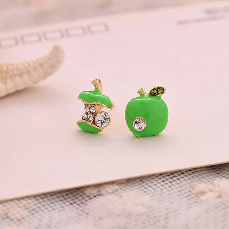 Cute Apples Earrings Women Red Green Asymmetric Rhinestone Apple Shaped Earrings Creative Crystal Women Gift Ear Accessories