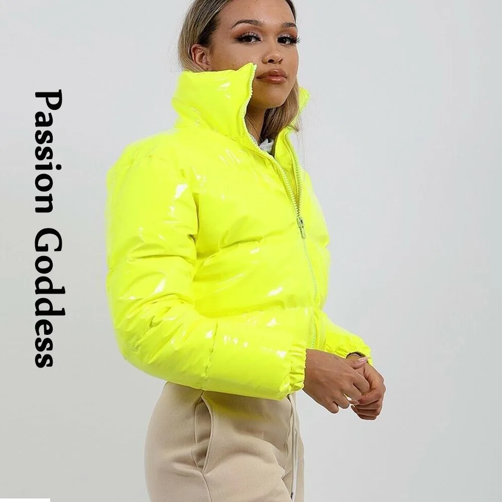 Autumn Winter Women Bright PU Puffer Jackets Warm Bubble Coat Down Parkas Outcoat Zipper Jacket Cute Pink Cropped Parkas XXL