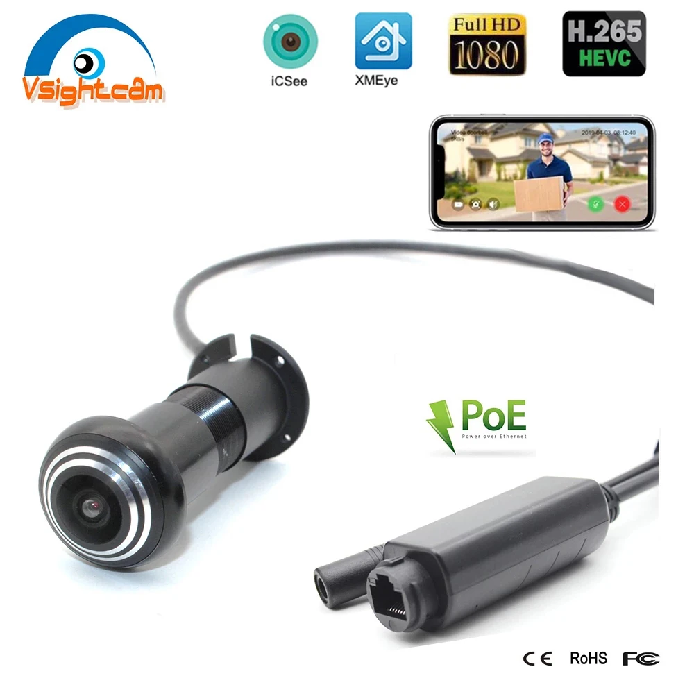 Vsightcam HD 1080P Fisheye  Peephole POE IP Camera Mini Door Eye Hole Camera  P2P Network Surveillance Camera Security