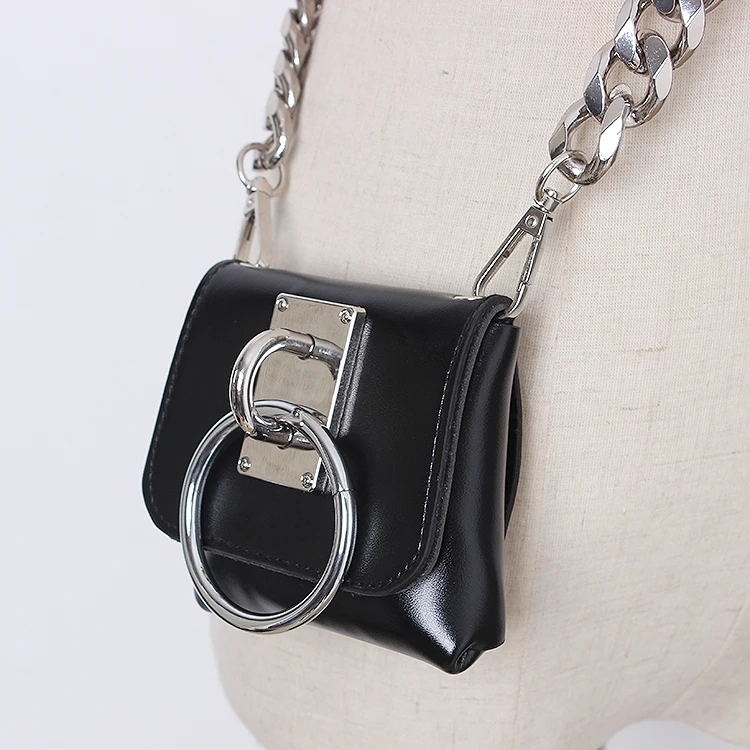 2020 Brand Design Wide Chain Mini Fanny Packs Black Pu Leather Waist belt With Coin Bag Punk Street Ring Waist Packs Chest Bag