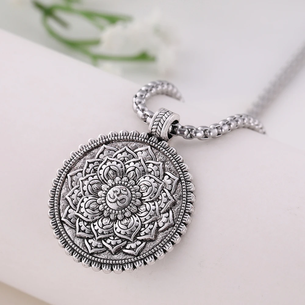 Skyrim Flower of Life Indian Om Yoga Chakra Pendant Necklace Men Vintage Mandala Amulet Stainless Steel Chain Necklaces Jewelry