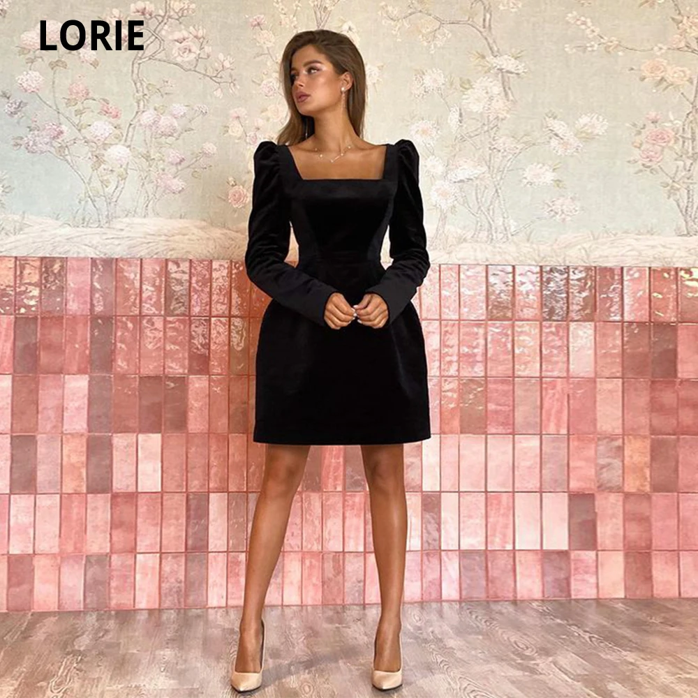 LORIE Simple Black Cocktail Dresses Puff maniche lunghe velluto senza spalline Mini abiti da ballo corti abito da festa di laurea moderno