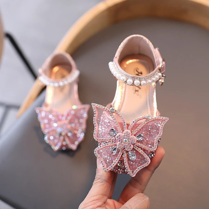 Summer Girls Shoes New Princess Kids Sandals Bling Dance Party Shoes Pearls Bow Kids Child Flats Sandals E800