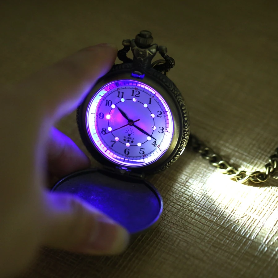 Retro Motorcycle CAR Pattern Quartz Pocket Watch Luminous LED Flash Motorbike MOTO Design Pendant Fob Watch Chain Gifts for Men