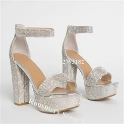 Bling Bling Women Fashion Peep Toe Rhinestone Chunky Heel Sandals Ankle Strap Silver Crystal Thick High Heel Sandal Wedding Shoe