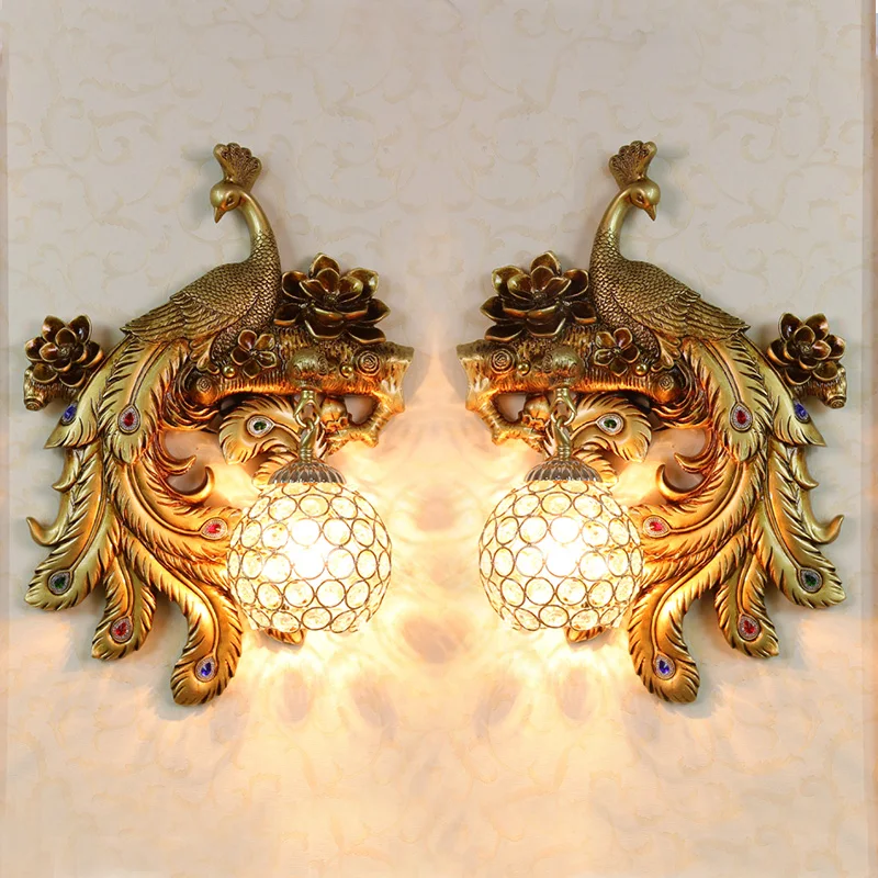 Vintage Luxury LED Wall Lamps for Mirror Wall Lamp Peacock Crystal Lampshade Wall Light Bedroom Bedside Kitchen Wall Sconce Lamp