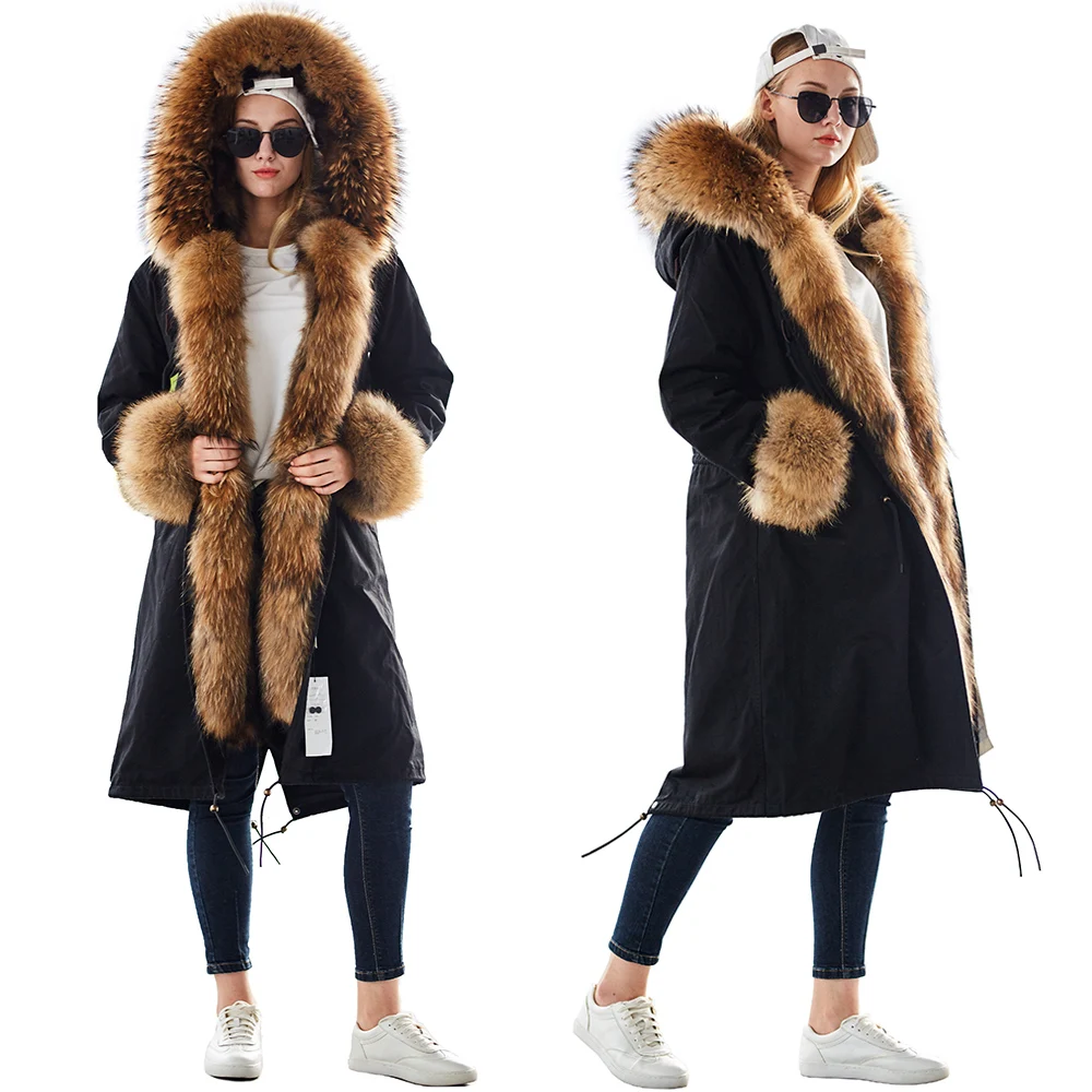 

MAOMAOKONG large size winter women's leather jacket Natural raccoon fur coat Detachable fur lining X long jacket Park Pike