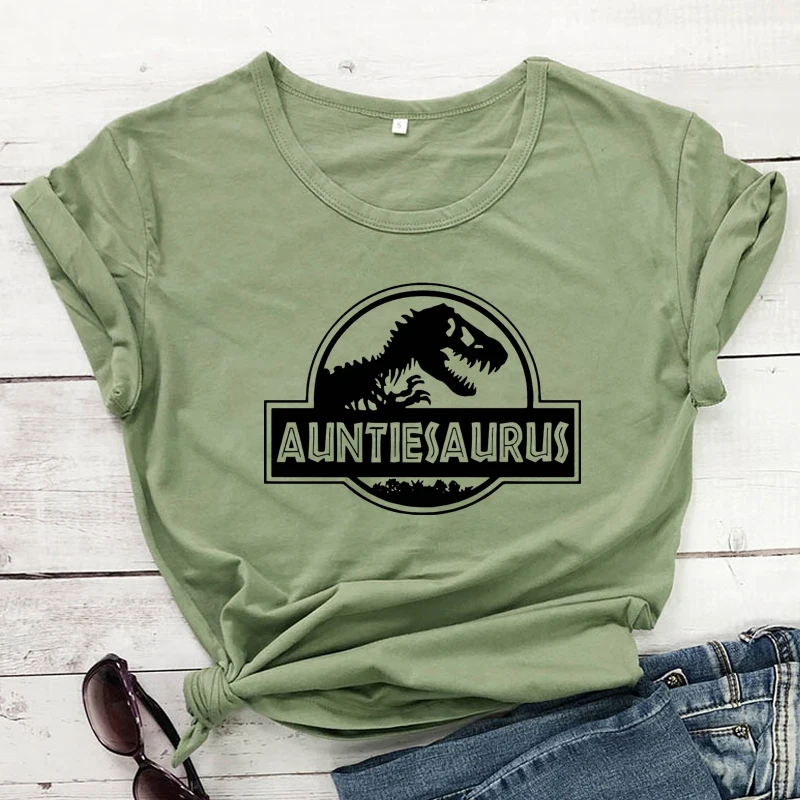 Auntiesaurus 100% Cotton T-shirt Trendy Women's Dinosaur Graphic Top Tee Shirt Funny Aunt To Be Gift Tshirt Femme