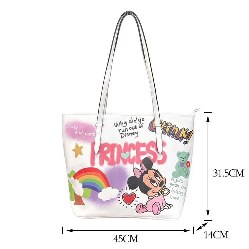 Disney Co-Branded Graffiti Cartoon Minnie Youth Girl Campus Large-Capacity PU Leather Shoulder Tote Bag Zipper Handbag For Women