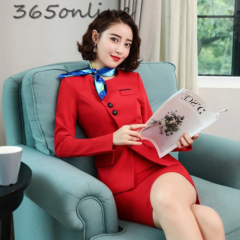 Novelty Red Formal Women Business Suits with Skirt and Jackets Coat Professional Office Ladies Blazers OL Styles with Scarf