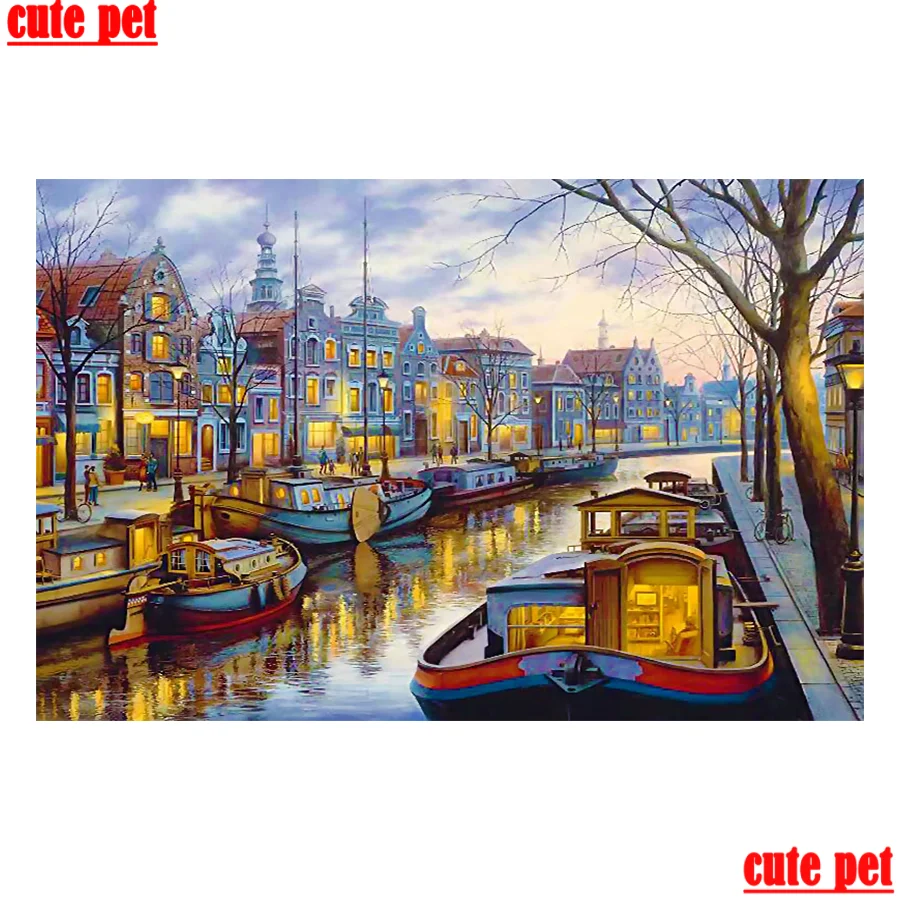 

cute pet DIY Diamond Embroidery Amsterdam canal Mosaic Crystal 5D CrossStitch Full Square Drill Painting Sticker Decor Painting