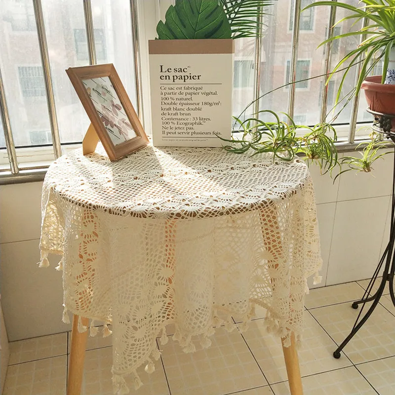 

American pastoral hand-crocheted beige line tablecloth food hall anti-scalding cover refrigerator air conditioning dust decor