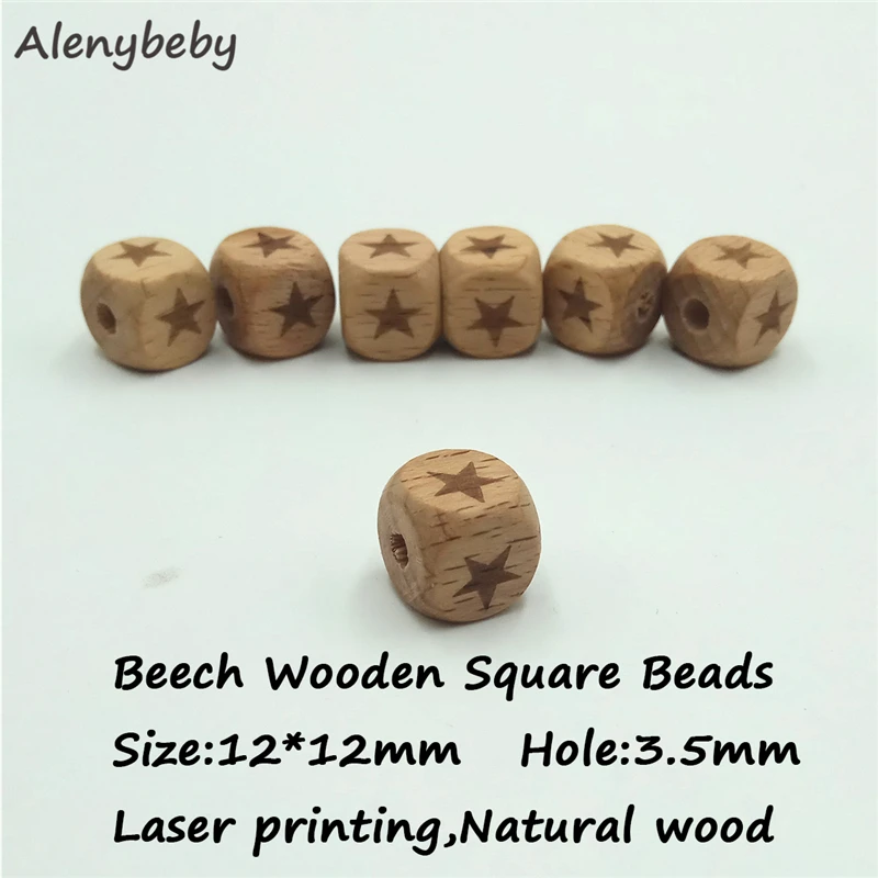 Square Wood Star Beads Teether 12MM Natural Beech Wooden Laser Printing Beads For Jewelry Toys Making DIY Baby Teething Necklace