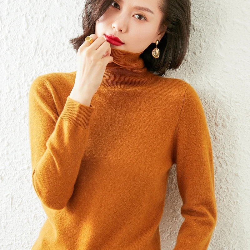 Women 100% Pure Goat Cashmere Knitting Pullovers 23Colors Turtleneck Soft Warm Sweater Top Grade Standard Clothes Ladies Tops