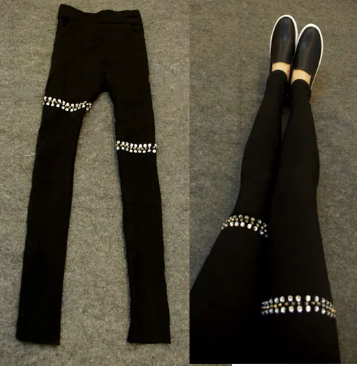 Velvet Autumn winter punk rhinestone rivet elastic thickening  leggings women pencil pants feet pants boots pants