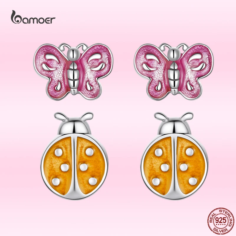 Bamoer New Pink Butterfly Orange Ladybug Ear Studs 925 Sterling Silver Animal Insect Stud Earrings for Women Fashion Jewelry