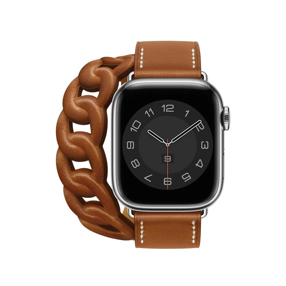 Double Loop Chain Real Leather Bracelet Belt For Apple Watch Strap 38 40 41 mm 42 44 45 mm Watchband iWatch Band 3 4 5 6 7 SE