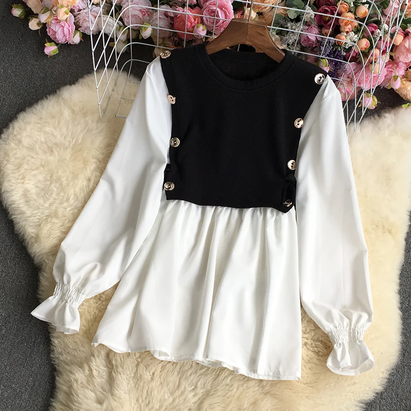 2022 Spring Women Korean Round Neck Split Knit Patchwork Loose Shirt Top Ruffle Lace Uppullover Shirt Blouse Blusones De Mujer