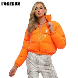 FORERUN Women Winter Coat PU Short Orange Puffer Jacket Bubble Fashion Glossy Shiny Cotton Padded Standard Collar Warm Outwear