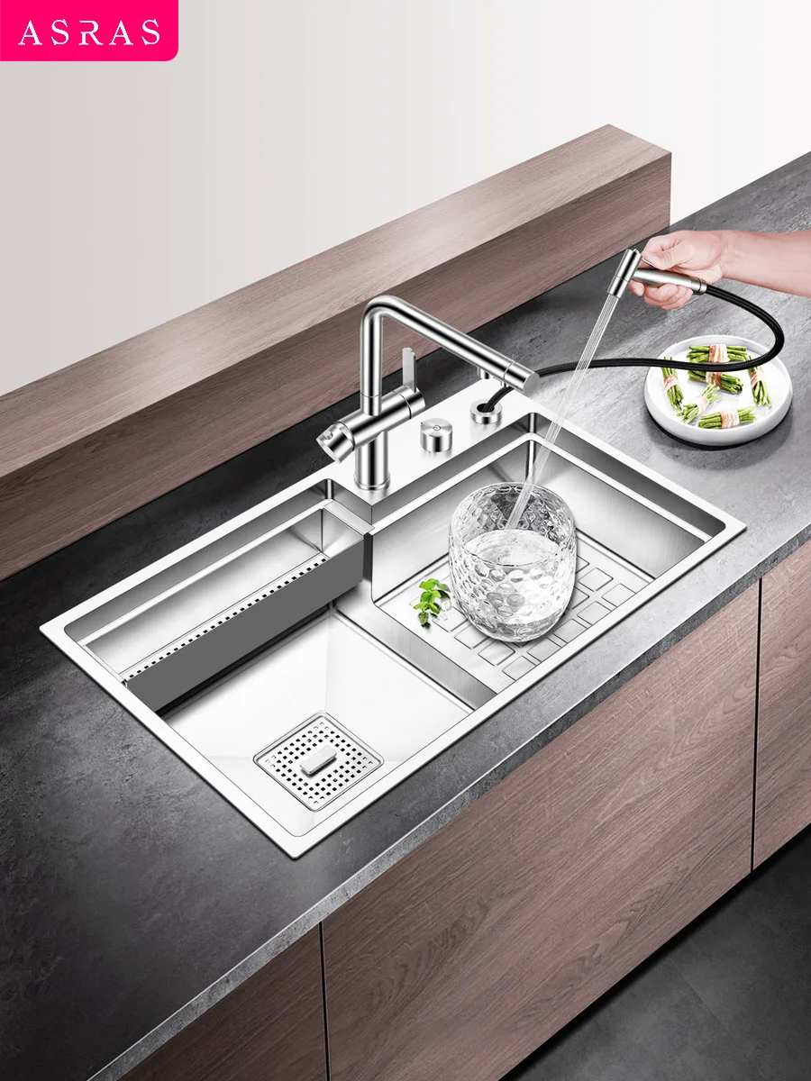 

Asras 7947J SUS304 handmade kitchen sink fine brushed stepped base with drainer and kitchen tap free shipping