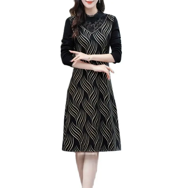 

Mid-length Fleece Padded Dress Winter New Fashion Net Celebrity Hot Style Women Middle-Aged And Elderly Mother Bottoming Dress