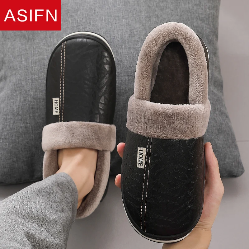 ASIFN-Chinelos de Couro PU Indoor para Homens e Mulheres, Impermeável, Casa, Pele, Masculino, Casal, Liso, Algodão, Chinelo de Inverno, Tamanho