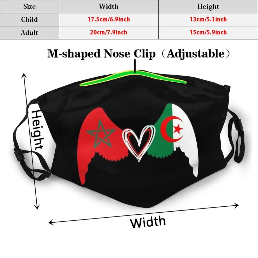 Maroc Algérie Imprimé Lavable Filtre Anti-Poussière Bouche Masque Maroc Algérie Algérien Dz Khawa Maghreb Drapeau Bébé Bebea Algérien