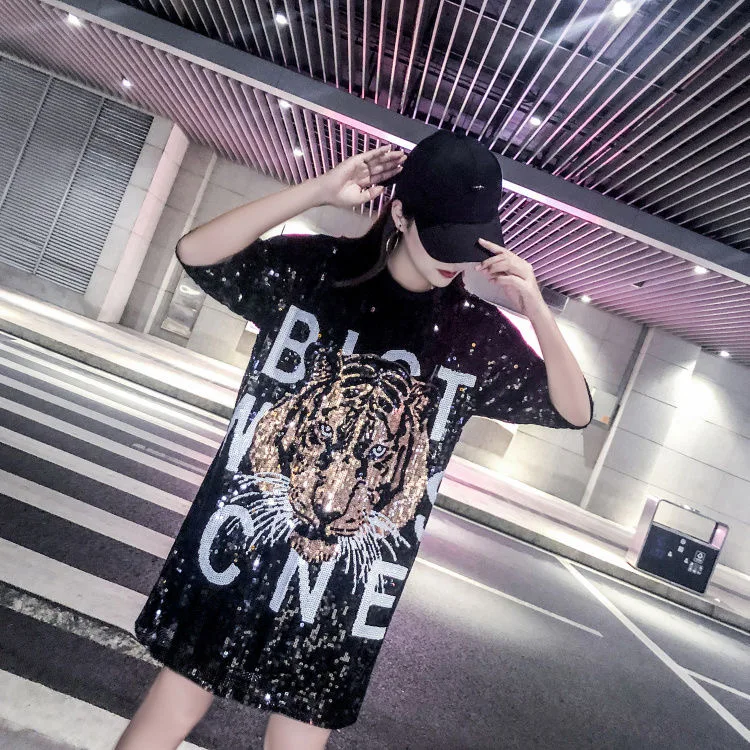 IHOBBY Casual Straight Sexy Sequins Party Shirt Tiger Letter Round Neck Short Sleeve Black Gold Long Club T shirt