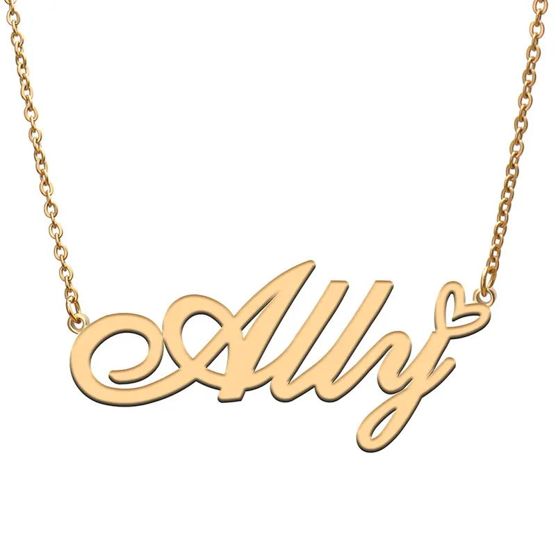 Ally with Love Heart Name Necklace for Women Stainless Steel Jewelry Nameplate Pendant Femme Mother Child Girls Gift