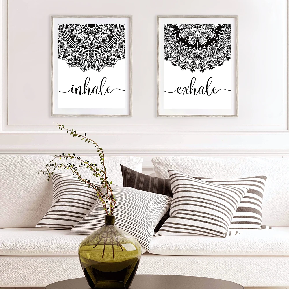 Noir blanc expire l'inhaler Mandala pleine conscience Zen mur Art impression affiche photo toile peinture Yoga salon décor à la maison
