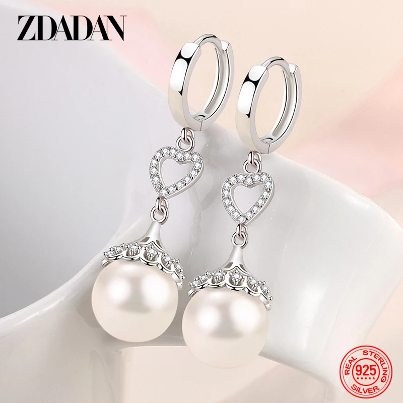 ZDADAN 925 Sterling Silver Pearl Heart Dangle Earrings For Women Fashion Wedding Jewelry Gift