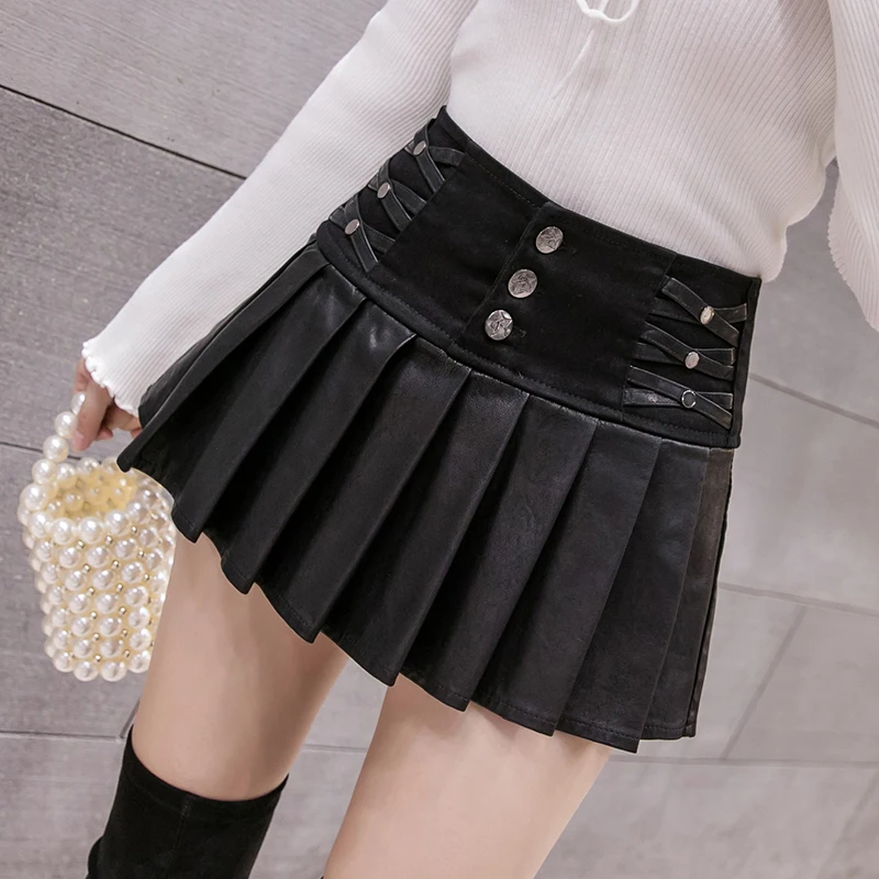 2020 PU leather stitching short skirt high waist autumn and winter new Korean style slim skirt fashion a-line skirt  DQ1124