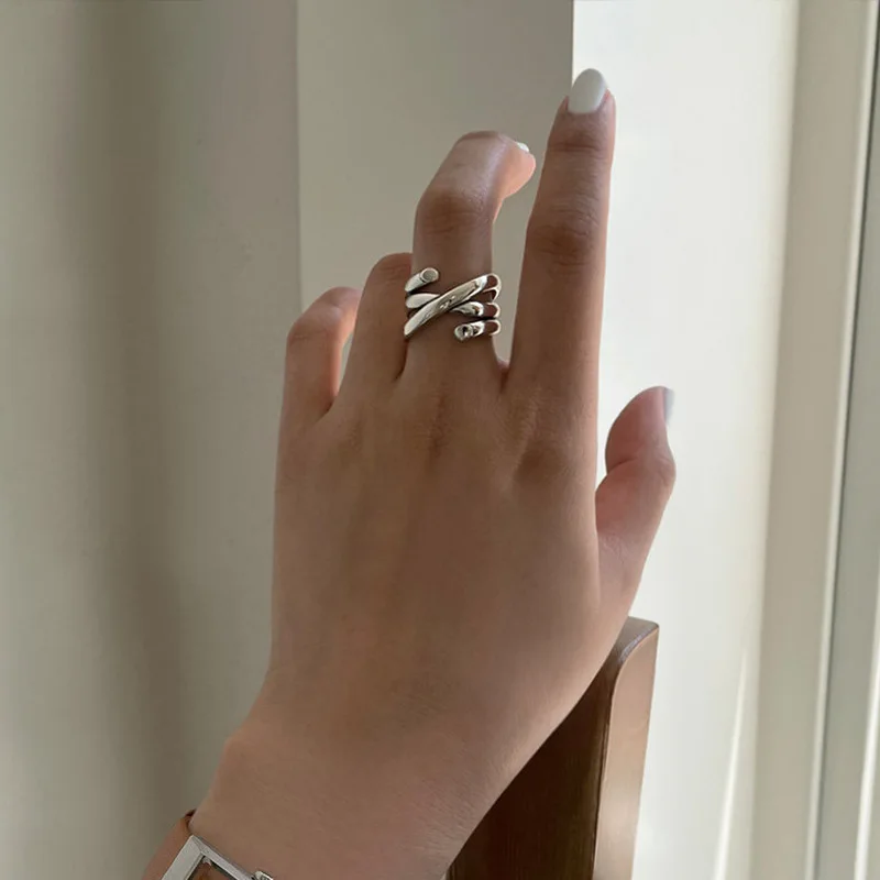 LIVVY Silver Color Korean Multi-layer Line Cross Opening Ring Female  Simple Unique Design Fashion Temperament Jewelry