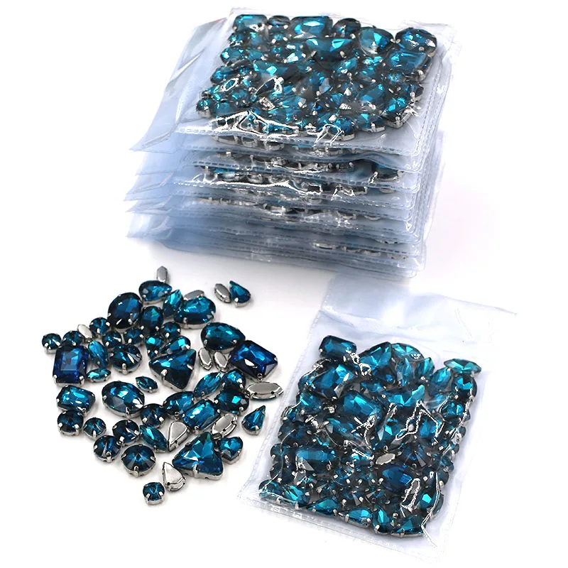 Best seller Clothing accessories Wholesale 5 bags mixed shape glass crystal Peacock blue sew on rhinestones diy wedding dress