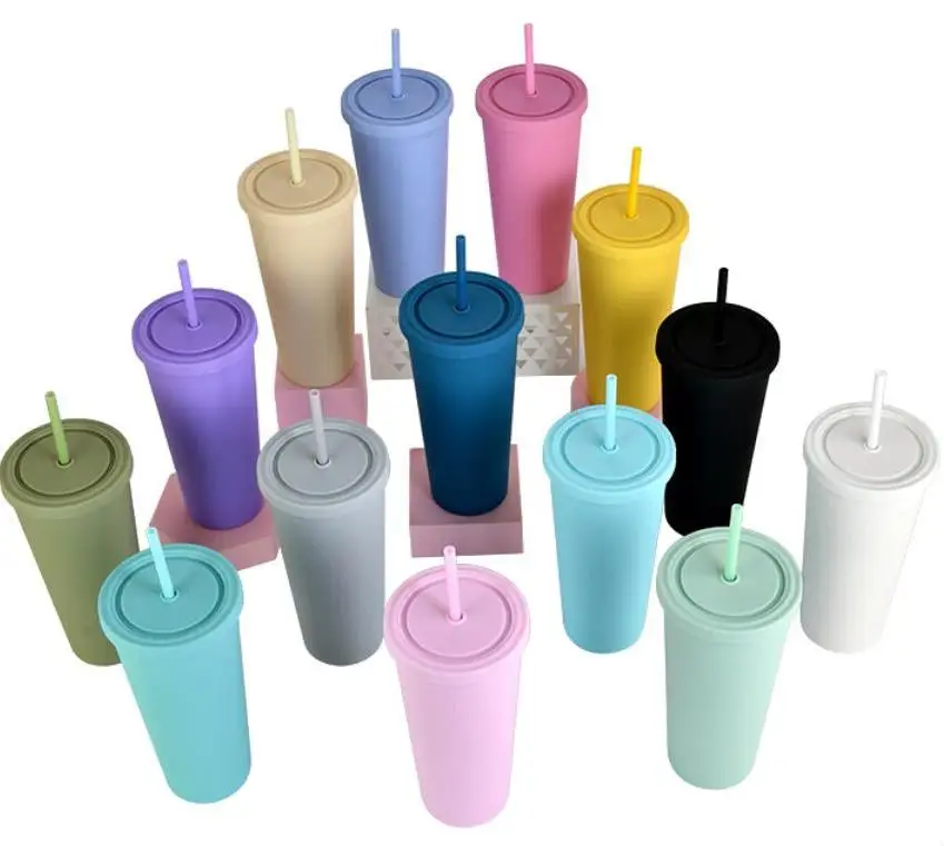 22oz Sippy Cups Tumbler Acrylic Cups Double Wall Insulated Matte Plastic Tumbler Sport Bottle With Cleaner Straws Vaso