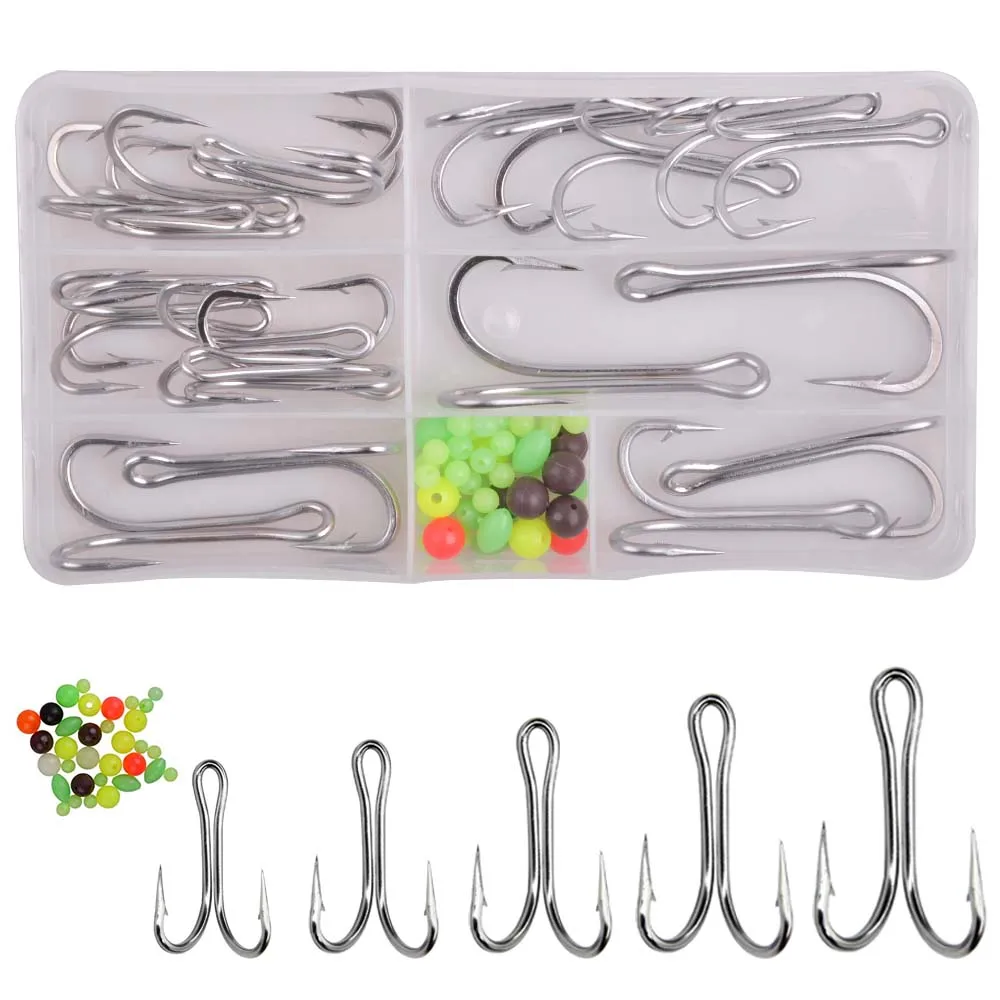 51Pcs/box Stainless steel Double Fishing Hook Saltwater Crank Barbed Jig Hook Worm bait Fishhooks with tackle box