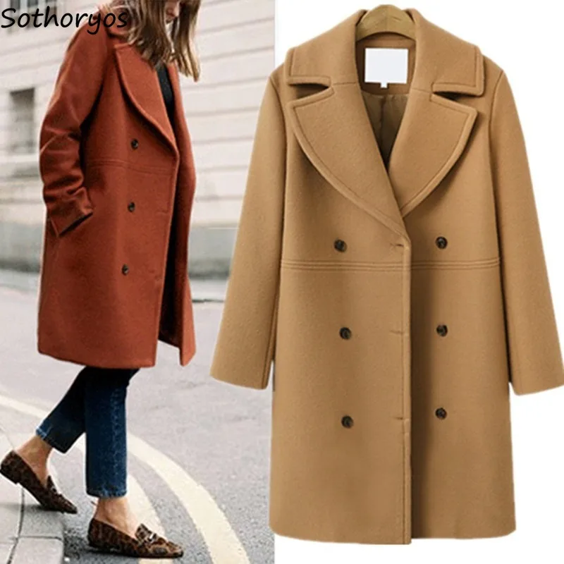 

Wool Blends Women Solid Double Breast Pocket Turn-Down Collar Womens Elegant Loose Simple Trendy Outwear Overcoat Casual Winter