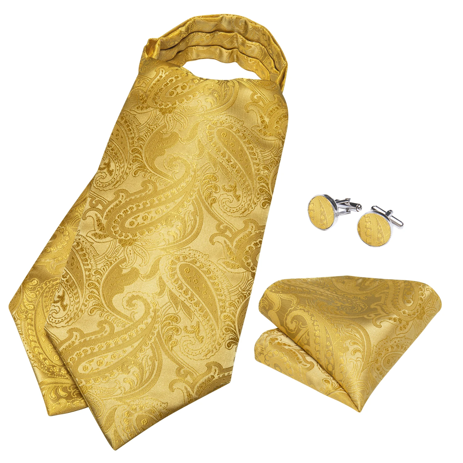 DiBanGu Jacquard Cravat 3pc Set Yellow Paisley Woven Ascot Tie Cufflinks Pocket Square Men\'s Fashion Casual Scarves Accessories