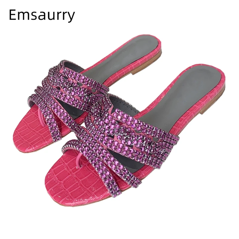 Sexy Summer 2025 Rhinestone Runway Slippers Women Genuine Leather Stone Grain Flip Flops Crystal Flat Shoes Woman