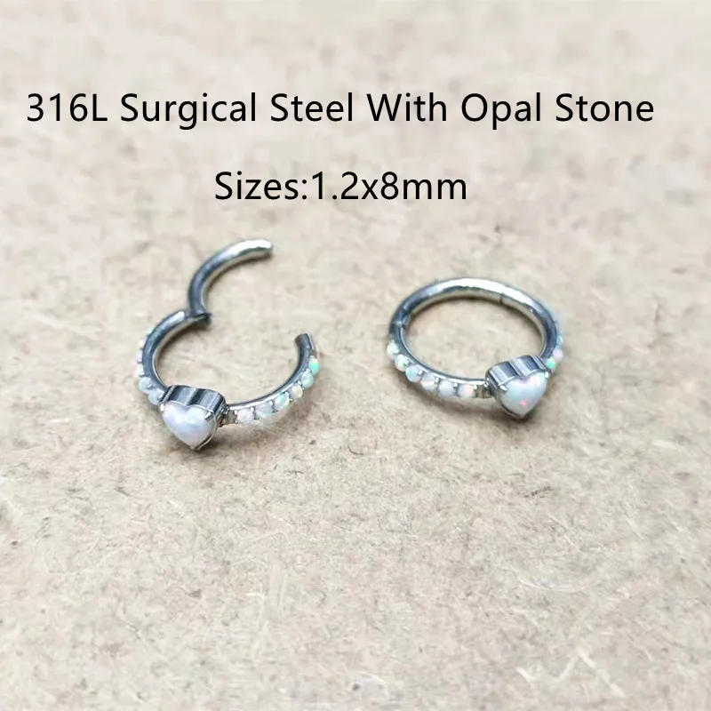 

Lot10pcs G23 Titanium HearT Opal Nose Hoop Septum Clicker Hinged Segment Ring Ear Cartilage Helix Rook Tragus 16G New